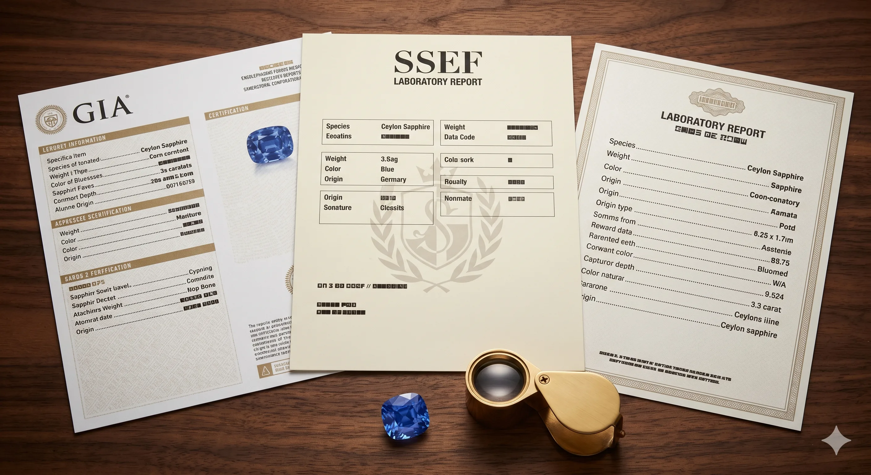 Three gem lab report documents (GIA, SSEF, and Gübelin) spread side by side on a dark wooden surface with a loose faceted sapphire and a jeweler's loupe in the foreground.