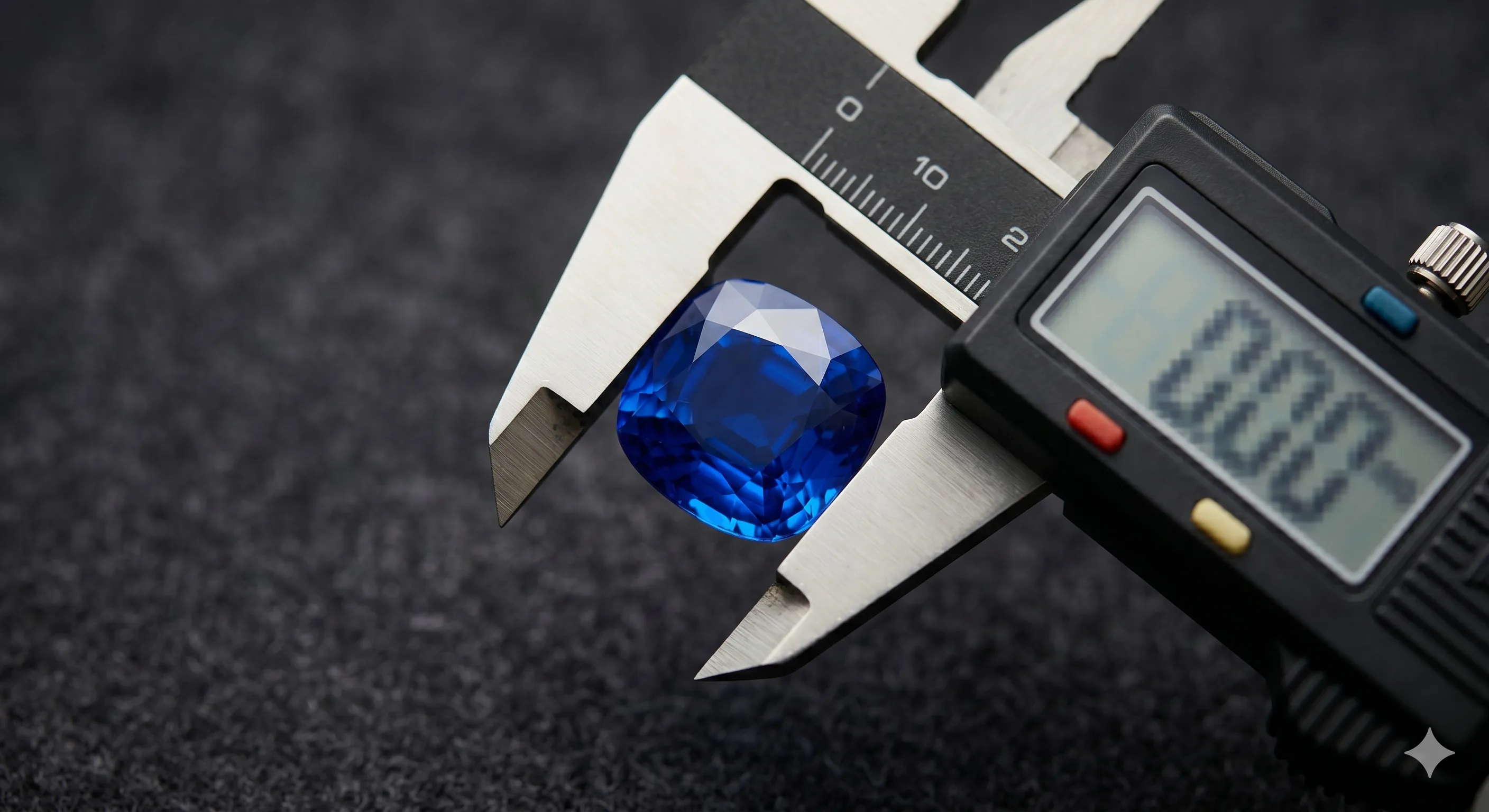 Macro close-up of a faceted Ceylon sapphire being measured with a digital caliper against a dark fabric background, showing the millimeter reading on the caliper display.