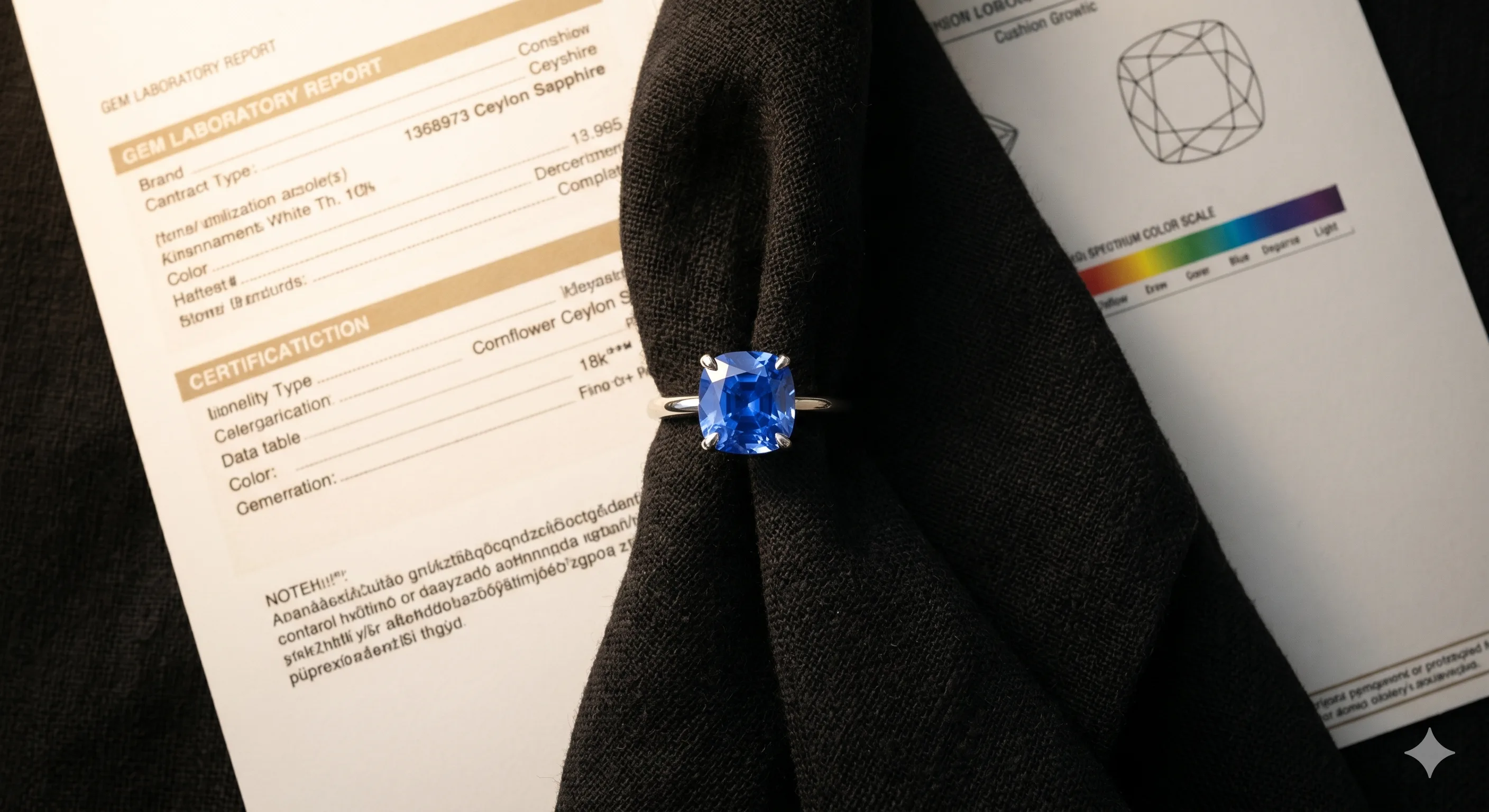 Solitaire blue sapphire engagement ring with a cushion-cut Ceylon sapphire in a four-prong 18k white gold setting, resting on a folded piece of black linen next to a printed gem lab report.