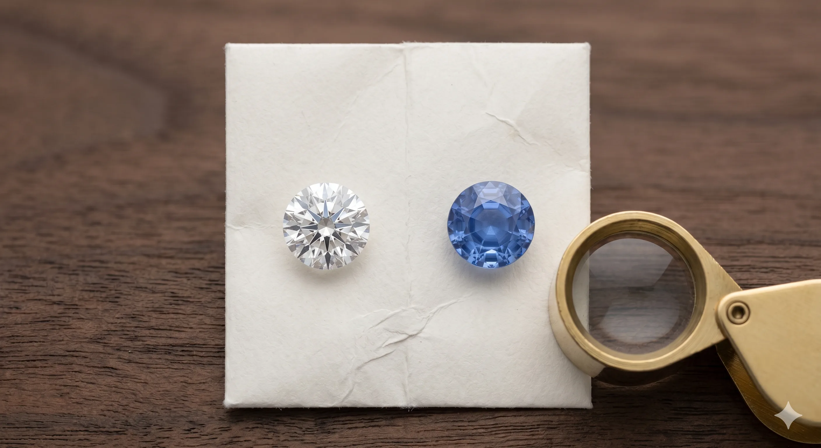 Side-by-side top-down comparison of a round brilliant white diamond and a faceted cornflower blue Ceylon sapphire of equivalent size on a white paper parcel, with a jeweler's loupe beside them on a dark desk.