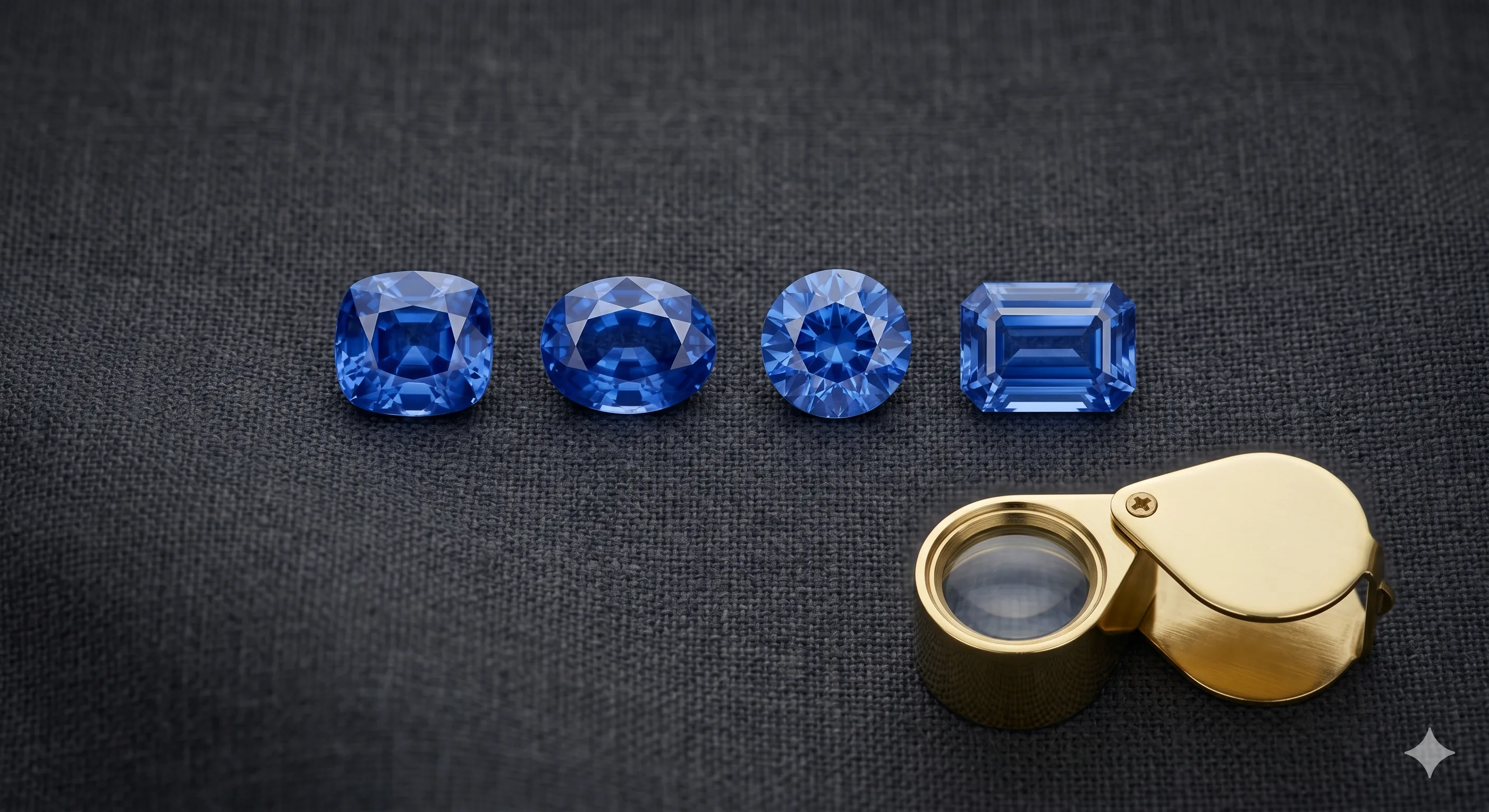 Overhead view of four loose blue Ceylon sapphires in different cut shapes (cushion, oval, round, emerald-cut) arranged in a row on a dark linen surface next to a jeweler's loupe.