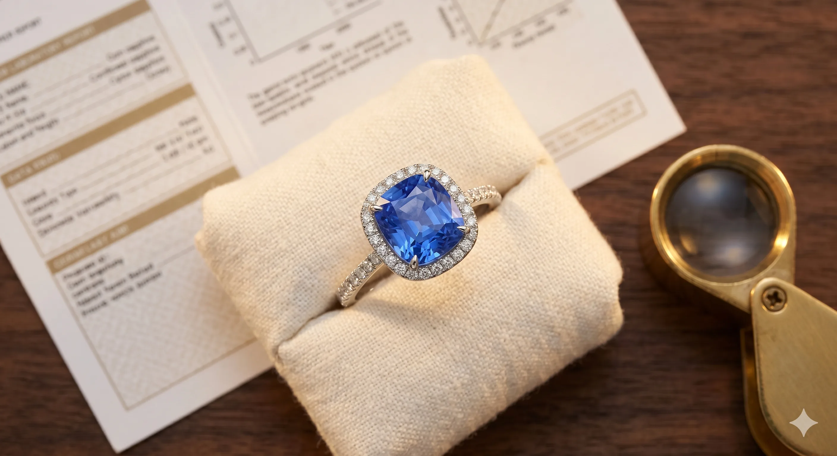 A halo-style blue sapphire engagement ring with a cushion-cut Ceylon center stone and diamond surround, placed on a folded ivory linen ring cushion next to a printed laboratory report and a jeweler's loupe.